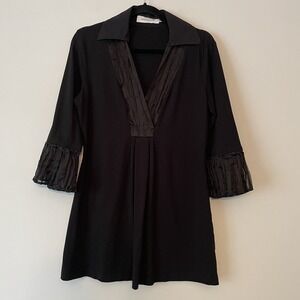 Anne Fontaine Palmier Pleated Tunic Blouse Black 42 US 10 Pima Cotton Minimalist